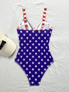 SHEIN Swim 藍白條紋特殊面料交叉胸口連身泳衣，適合海灘、泳池派對、度假，夏季性感休閒熱帶清新風 - 彩色 - 查看 2