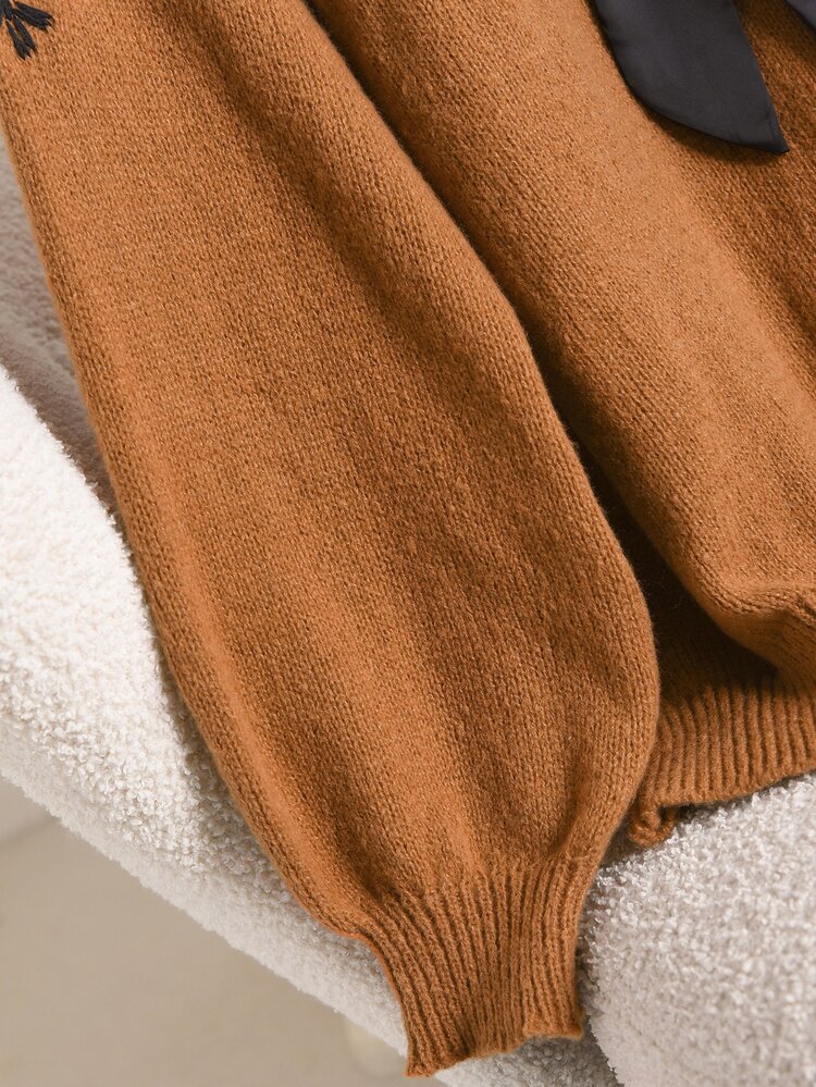 Elaquor Plus Plants Embroidery Drop Shoulder Oversize Contrast Tie Back Sweater - Brown - View 5