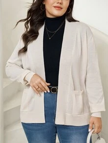 SHEIN LUNE Plus Size Autumn/Winter Casual Versatile Solid Color Cardigan - Beige - View 6