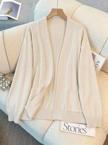SHEIN LUNE Plus Size Autumn/Winter Casual Versatile Solid Color Cardigan - Beige - View 10