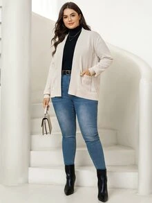 SHEIN LUNE Plus Size Autumn/Winter Casual Versatile Solid Color Cardigan - Beige - View 5
