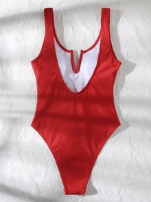 Swim Basics Summer Beach V Wired One Piece Swimsuit - Red - View 3