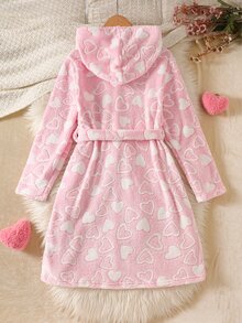 Girls Pink Heart Pattern Plush Long Sleeve Mid-Length Tie-Front Robe Soft Minimalist Cute Sweet Indoor Loungewear Pajamas For Fall Autumn/Winter Set - Pink - View 3
