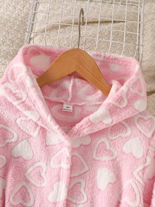Girls Pink Heart Pattern Plush Long Sleeve Mid-Length Tie-Front Robe Soft Minimalist Cute Sweet Indoor Loungewear Pajamas For Fall Autumn/Winter Set - Pink - View 6