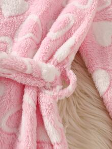Girls Pink Heart Pattern Plush Long Sleeve Mid-Length Tie-Front Robe Soft Minimalist Cute Sweet Indoor Loungewear Pajamas For Fall Autumn/Winter Set - Pink - View 7
