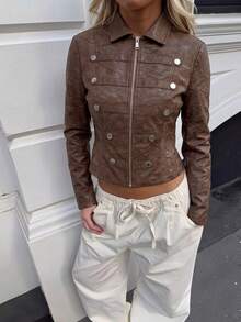 SHEIN SXY Streetwear Cropped Napoleon Leather Jacket With Two-Way Zipper,Brown Jacket - Coffee Brown - View 1