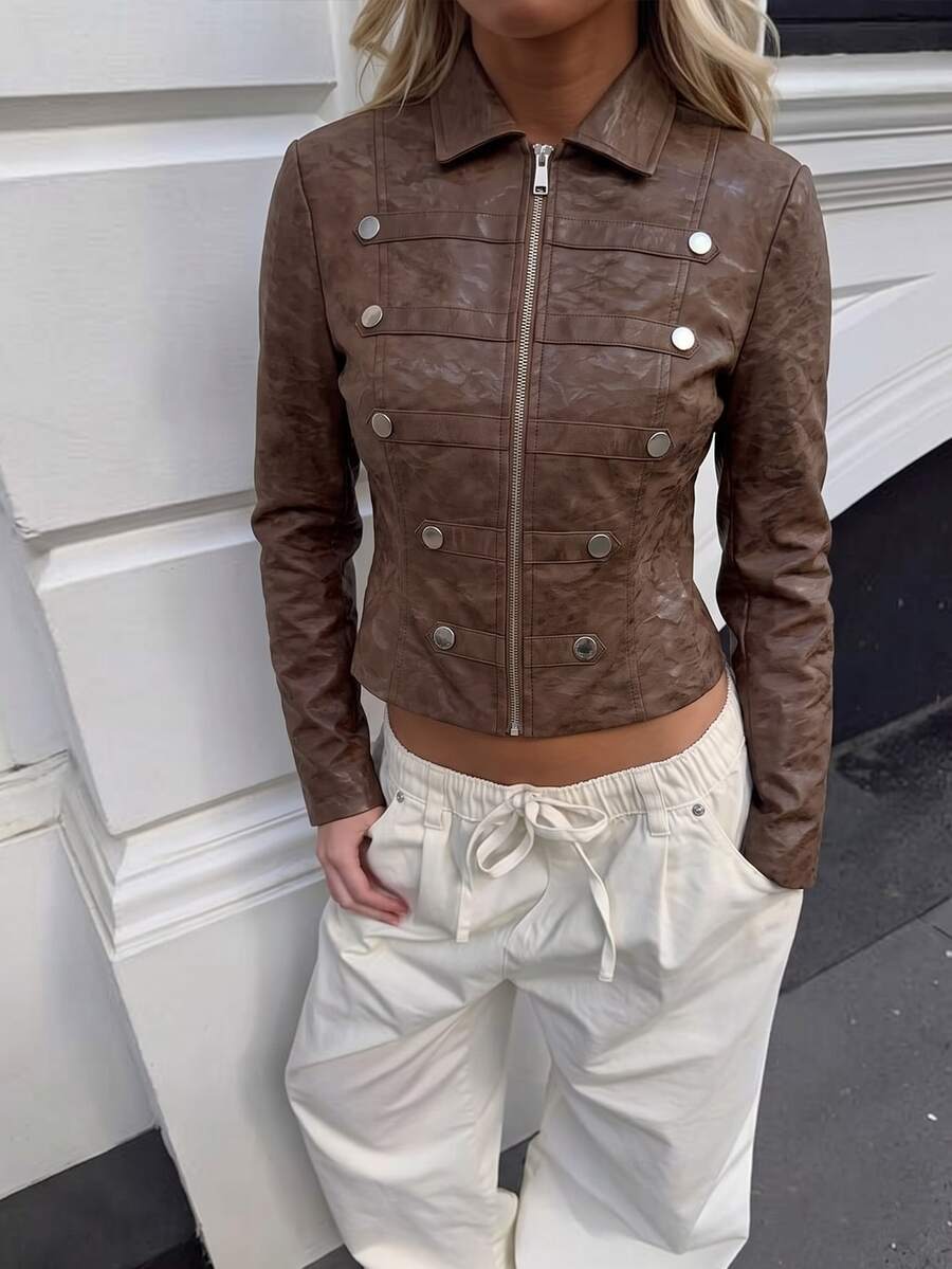 SHEIN SXY Streetwear Cropped Napoleon Leather Jacket With Two-Way Zipper,Brown Jacket - Coffee Brown - View 1