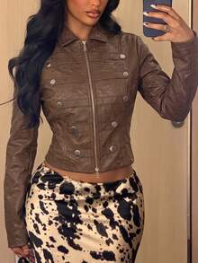 SHEIN SXY Streetwear Cropped Napoleon Leather Jacket With Two-Way Zipper,Brown Jacket - Coffee Brown - View 8