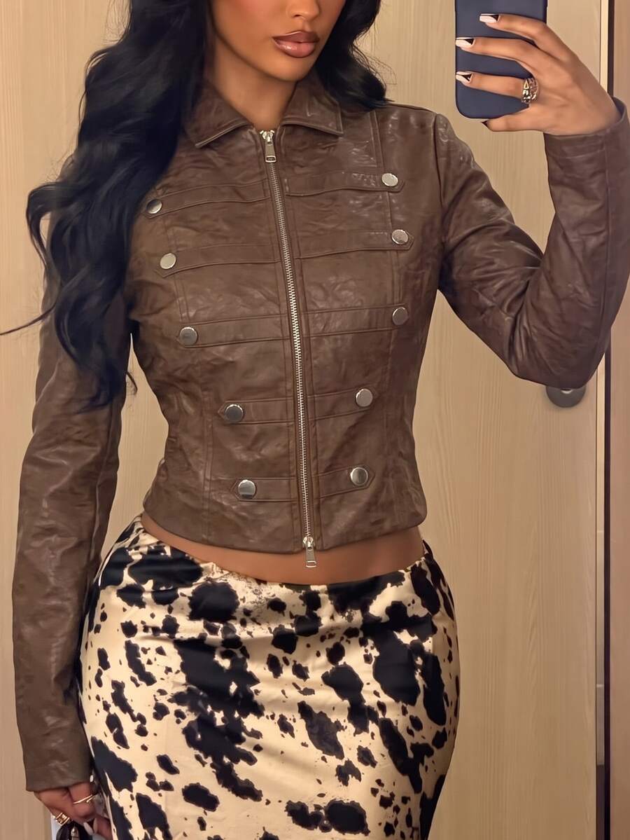 SHEIN SXY Streetwear Cropped Napoleon Leather Jacket With Two-Way Zipper,Brown Jacket - Coffee Brown - View 1