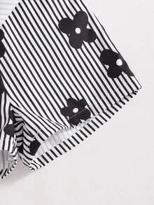 SHEIN 2 قطعة/مجموعة طقم شورتات غير متماثلة بنقشة زهور سوداء نقية للفتيات، مناسبة للخروجات الصيفية، أنيقة وعملية ومتعددة الاستخدامات - متعدد الألوان - مشاهدة 5