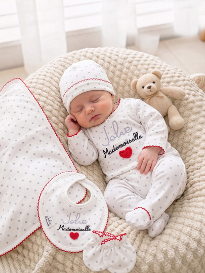 2pcs Newborn Home Set, Polka Dot Print, 3D Heart Embroidery, Playful Letter Print, Red Frill Trim On Neckline, Cuffs And Hem, Footed Pants, Soft And Skin-Friendly, Girls Spring/Autumn Home Sleepwear 2 Pieces Set