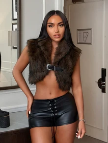 SHEIN SXY Jaket Bulu Imitasi Wanita Gaya Jalanan Y2K dengan Gesper Logam - Coklat - View 7