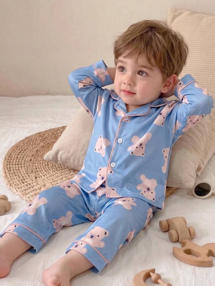 Baby Boy Cute Casual Daily Simple Comfortable Light Apricot Cartoon Bear Open Front Long Sleeve Top & Long Pants 2 Pieces Loungewear Set - Multicolor - View 4