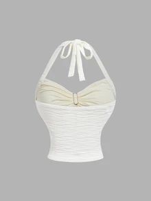 SHEIN MOD 2pcs/Set Women Jacquard Halter Top And Pant Vacation White Summer Romantic Elegant - Apricot - View 7