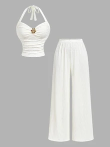 SHEIN MOD 2pcs/Set Women Jacquard Halter Top And Pant Vacation White Summer Romantic Elegant - Apricot - View 2