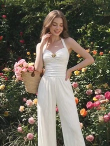 SHEIN MOD 2pcs/Set Women Jacquard Halter Top And Pant Vacation White Summer Romantic Elegant - Apricot - View 3