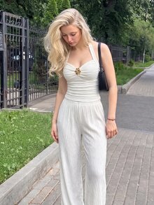 SHEIN MOD 2pcs/Set Women Jacquard Halter Top And Pant Vacation White Summer Romantic Elegant - Apricot - View 5
