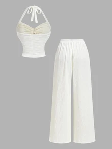 SHEIN MOD 2pcs/Set Women Jacquard Halter Top And Pant Vacation White Summer Romantic Elegant - Apricot - View 4