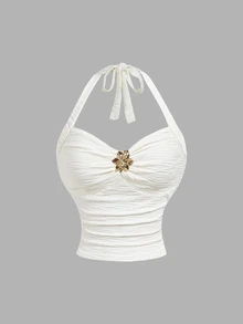 SHEIN MOD 2pcs/Set Women Jacquard Halter Top And Pant Vacation White Summer Romantic Elegant - Apricot - View 6