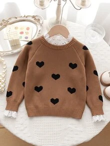 SHEIN Young Girl Young Girl Kids Knit Fitted Casual Lace Collar Heart Pattern Sweater, Autumn/Winter - Khaki - View 5