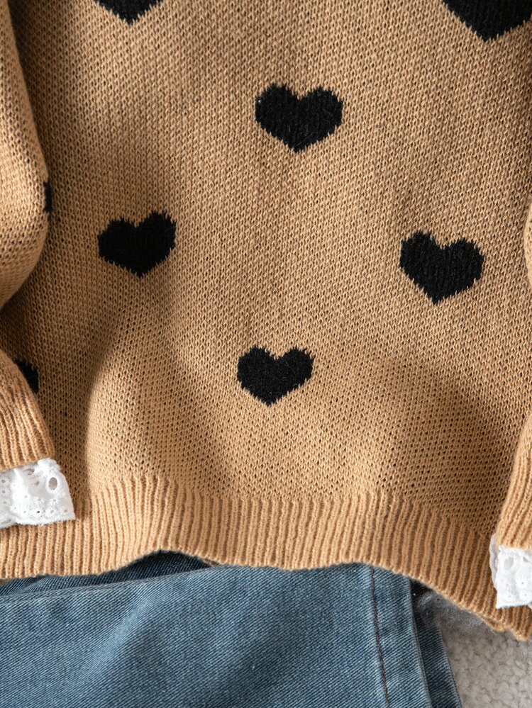 SHEIN Young Girl Young Girl Kids Knit Fitted Casual Lace Collar Heart Pattern Sweater, Autumn/Winter - Khaki - View 4