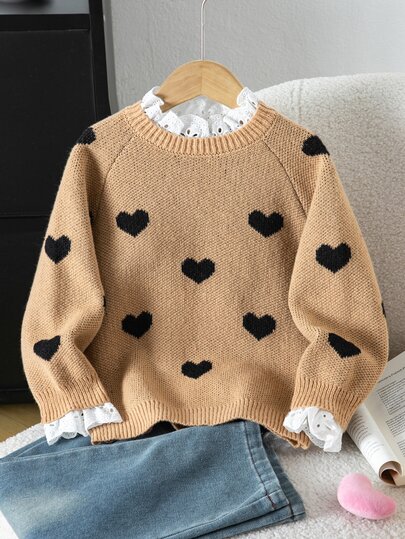 SHEIN Young Girl Young Girl Kids Knit Fitted Casual Lace Collar Heart Pattern Sweater, Autumn/Winter