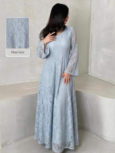 Yasveil V-Neck Lace Trim Tie-Up Elegant Long Sleeve Flare Women's Turkish & Arabic Traditional Long Tunic