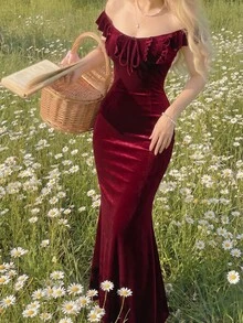 SHEIN MOD 女款杏色碎花夏季長洋裝，度假洋裝 - 酒紅色 - 查看 3