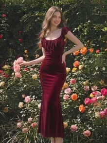 SHEIN MOD 女款杏色碎花夏季長洋裝，度假洋裝 - 酒紅色 - 查看 1