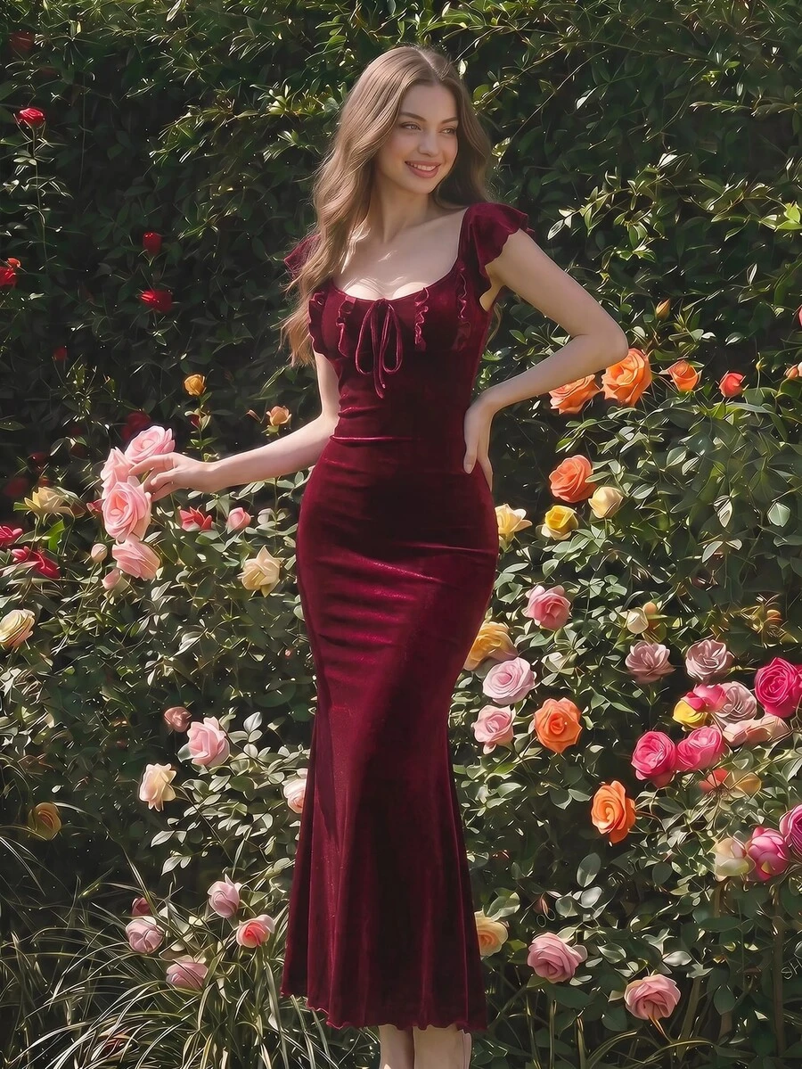 SHEIN MOD 女款杏色碎花夏季長洋裝,度假洋裝 - 酒紅色 - 查看 1