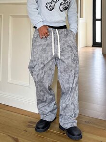 STEELVANCE Men's Tie Dye Allover Print Drawstring Waist Cargo Pants With Pockets, Casual Loose Fit Utility Streetwear Workwear Trousers - Grey - View 4