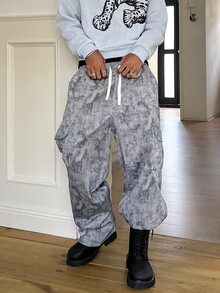 STEELVANCE Men's Tie Dye Allover Print Drawstring Waist Cargo Pants With Pockets, Casual Loose Fit Utility Streetwear Workwear Trousers - Grey - View 3