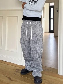 STEELVANCE Men's Tie Dye Allover Print Drawstring Waist Cargo Pants With Pockets, Casual Loose Fit Utility Streetwear Workwear Trousers - Grey - View 5