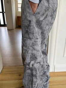 STEELVANCE Men's Tie Dye Allover Print Drawstring Waist Cargo Pants With Pockets, Casual Loose Fit Utility Streetwear Workwear Trousers - Grey - View 6