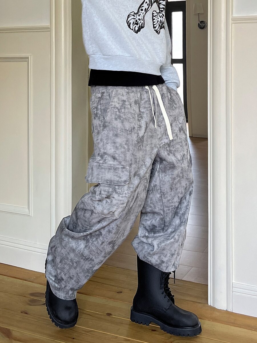 STEELVANCE Men's Tie Dye Allover Print Drawstring Waist Cargo Pants With Pockets, Casual Loose Fit Utility Streetwear Workwear Trousers - Grey - View 1