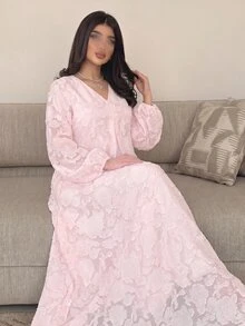 Yasveil V领时尚甜美镂空度假连衣裙，春夏款 - 粉色 - 查看 7