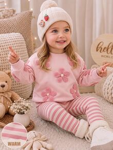 LMoss Kids 女嬰針織純色花卉圖案圓領運動衫與條紋長褲2件套 - 粉色 - 查看 1