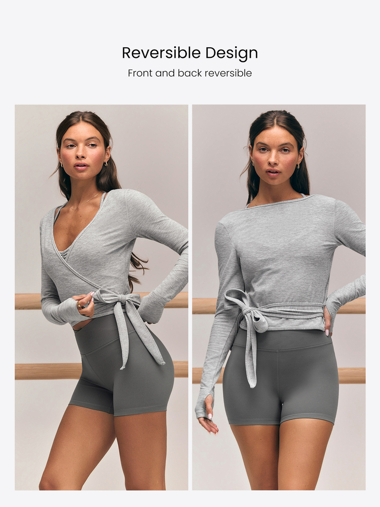 GLOWMODE FeatherFit™-CloudBlend Elegant Flow Hip Length Deep V-Neck Long Sleeve Wrap Top With Thumbholes Ballet Barre Studio Daily Casual - Light Grey - View 3