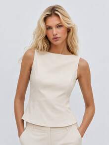 Zerodot Women Ivory Structured Boat Neck Sleeveless Tank Top Formal Corporate Daily - Apricot - View 1