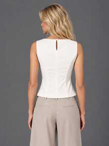 Zerodot Women Ivory Structured Boat Neck Sleeveless Tank Top Formal Corporate Daily - Apricot - View 2