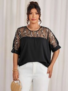 Cravure Plus Size Round Neck 3/4 Sleeve Short Sleeve Gold Foil Fabric Patchwork Contrast Woven Fabric Cuff Raglan Sleeve Casual Outing Vacation Commute Party Pullover Shirt - Black - View 7