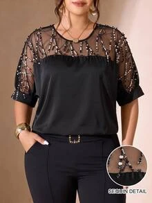 Cravure Plus Size Round Neck 3/4 Sleeve Short Sleeve Gold Foil Fabric Patchwork Contrast Woven Fabric Cuff Raglan Sleeve Casual Outing Vacation Commute Party Pullover Shirt - Black - View 3