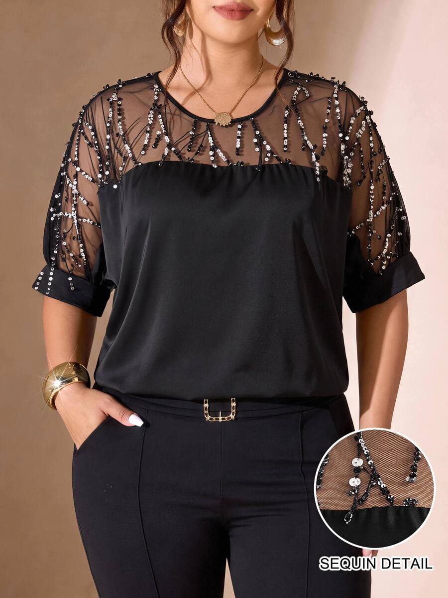 Cravure Plus Size Round Neck 3/4 Sleeve Short Sleeve Gold Foil Fabric Patchwork Contrast Woven Fabric Cuff Raglan Sleeve Casual Outing Vacation Commute Party Pullover Shirt - Black - View 1