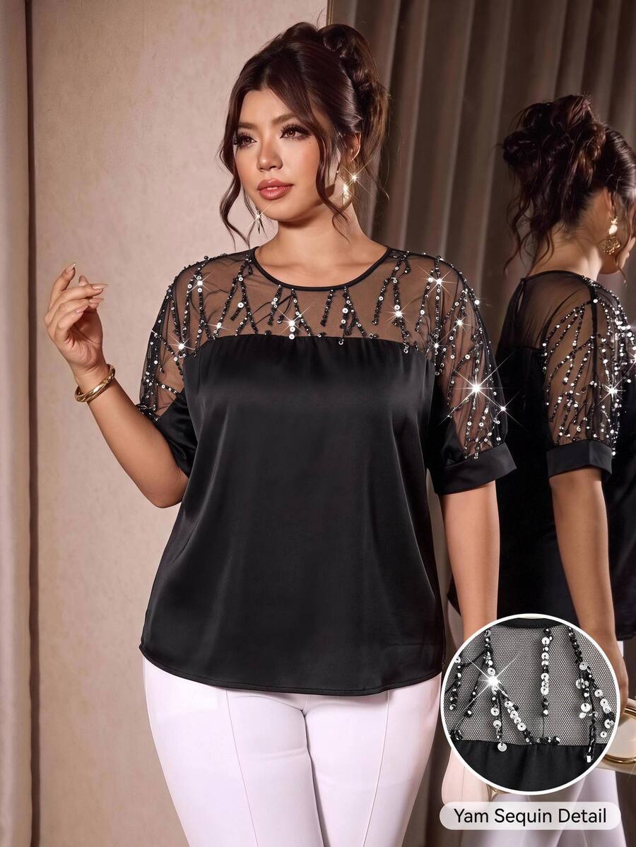 Cravure Plus Size Round Neck 3/4 Sleeve Short Sleeve Gold Foil Fabric Patchwork Contrast Woven Fabric Cuff Raglan Sleeve Casual Outing Vacation Commute Party Pullover Shirt - Black - View 1
