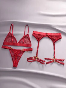 EmpressEnvy 女款內衣套裝，迷人女主角菱格網格拼接設計搭配金色鈕扣裝飾，前開式胸罩，附吊襪帶夾腰封，8字型金色裝飾腿環，標準尺寸性感內衣套裝（4件組） - 紅色 - 查看 8
