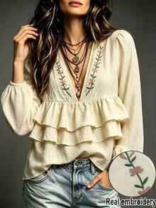 SHEIN Blus Kasual Musim Gugur Gaya Cottagecore Boho dengan Bordir Bunga dan Hiasan Ruffle, Cocok untuk Brunch dan Liburan, Motif Bunga Merah Muda - Aprikot - View 6