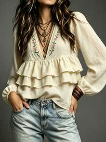 SHEIN Blus Kasual Musim Gugur Gaya Cottagecore Boho dengan Bordir Bunga dan Hiasan Ruffle, Cocok untuk Brunch dan Liburan, Motif Bunga Merah Muda - Aprikot - View 7
