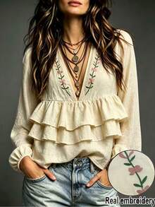 SHEIN Blus Kasual Musim Gugur Gaya Cottagecore Boho dengan Bordir Bunga dan Hiasan Ruffle, Cocok untuk Brunch dan Liburan, Motif Bunga Merah Muda - Aprikot - View 1