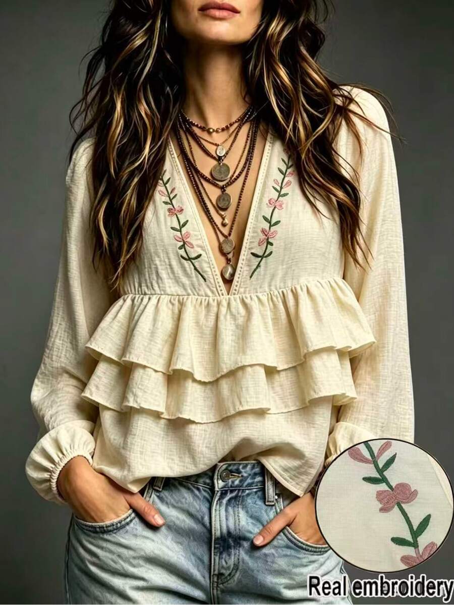 SHEIN Blus Kasual Musim Gugur Gaya Cottagecore Boho dengan Bordir Bunga dan Hiasan Ruffle, Cocok untuk Brunch dan Liburan, Motif Bunga Merah Muda - Aprikot - View 1