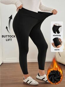 SHEIN LUNE Plus Size Casual Versatile Thermal Lined Leggings For Autumn/Winter - Black - View 3